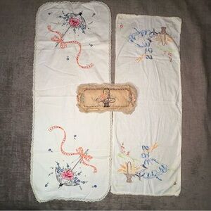 Vintage Embroidered Table Runners & Boudoir Pillow Umbrella Flowers Woman Dress